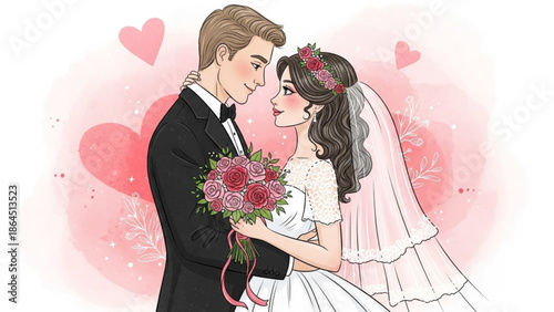 Loving wedding couple sharing romantic kiss on their special day with bouquet flowers