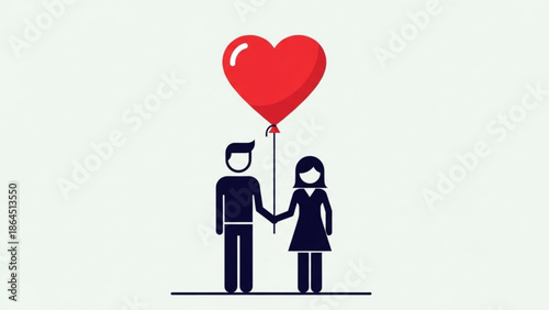 A loving couple holding hands under a large red heart shaped balloon symbolizing love