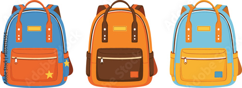 Set of three colorful school backpacks in blue orange and brown colors isolated on white background for student education