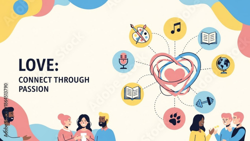 People connecting through love and shared passions with symbolic icons around heart
