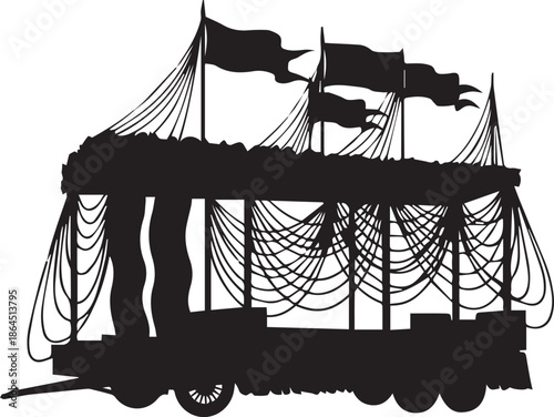 Silhouette of a decorated parade float with flags and netting
