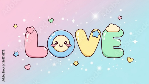 A cute cartoon word love with smiling face and colorful stars on pastel background