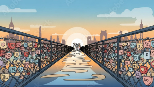 Colorful bridge with many locks and heart shapes in cityscape at sunset