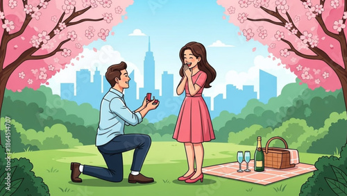Man proposing to woman in park with picnic setup and city skyline background