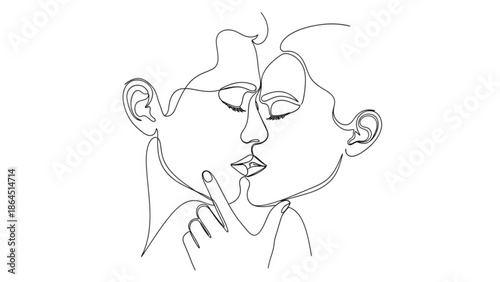 Continuous line drawing of a woman with her finger on her lips in a thoughtful and mysterious