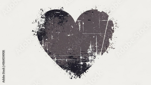A dark gray heart shape with white scratches and paint splatters on a light gray background