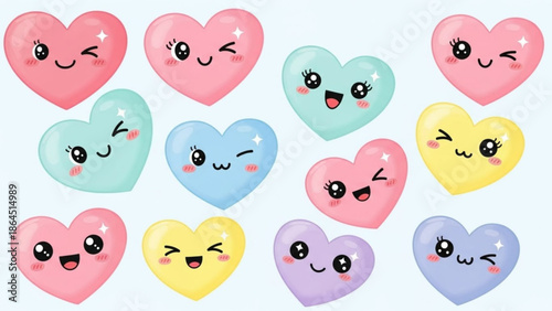 Colorful cartoon hearts with smiling faces and rosy cheeks on light blue background
