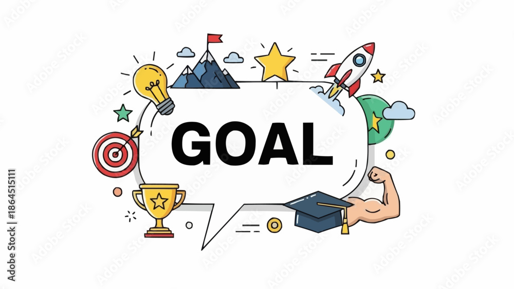 Fototapeta premium Goal Achievement Illustration with Target, Trophy, Rocket, and Graduation Cap.