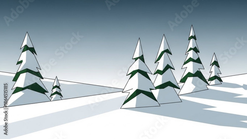 Snowy landscape with stylized evergreen trees in a winter wonderland scene with a clear blue