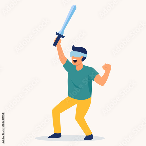 young man wearing vr headset holding a sword in virtual reality game