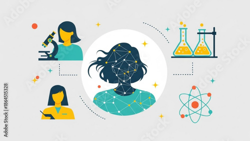Science woman with atoms and molecules around her head in a network, surrounded by laboratory