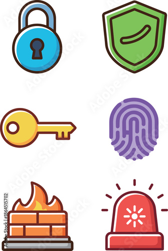 Digital Cyber Security and Privacy Protection Icon Set Featuring Padlock, Shield, Key, Fingerprint, Firewall and Siren