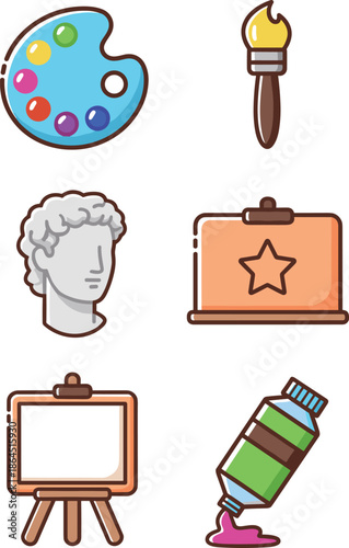 Fine art supplies icons including paint palette brush sculpture bust award easel and paint tube for creative studio concepts