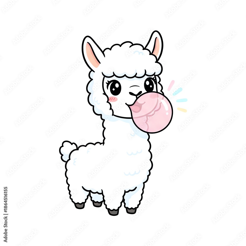 Obraz premium Cute Cartoon Llama Blowing Bubble Gum.