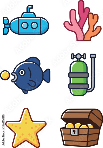 Underwater ocean icons featuring submarine coral deep sea fish scuba tank starfish and treasure chest for maritime adventure