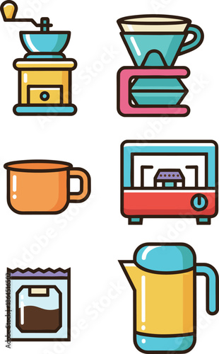 Coffee making equipment icons featuring manual grinder dripper mug coffee machine tea bag and electric kettle for cafe themes