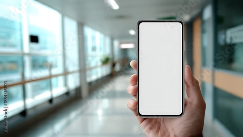 Hand holding a smartphone with blank screen in a modern office corridor.