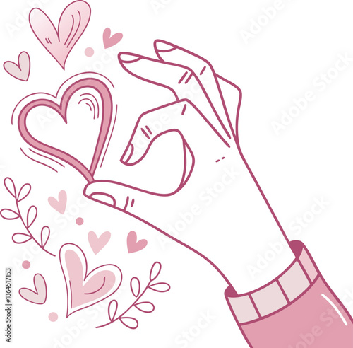 A delicate illustration of a hand presenting a heart symbol surrounded by smaller floating hearts