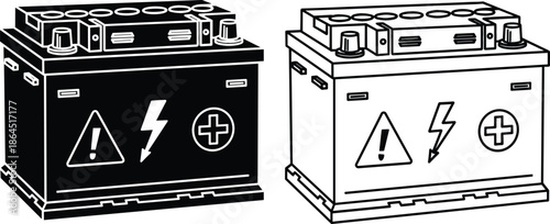 Car battery vector illustration set with silhouette and line art versions of automotive power cells for vehicle maintenance
