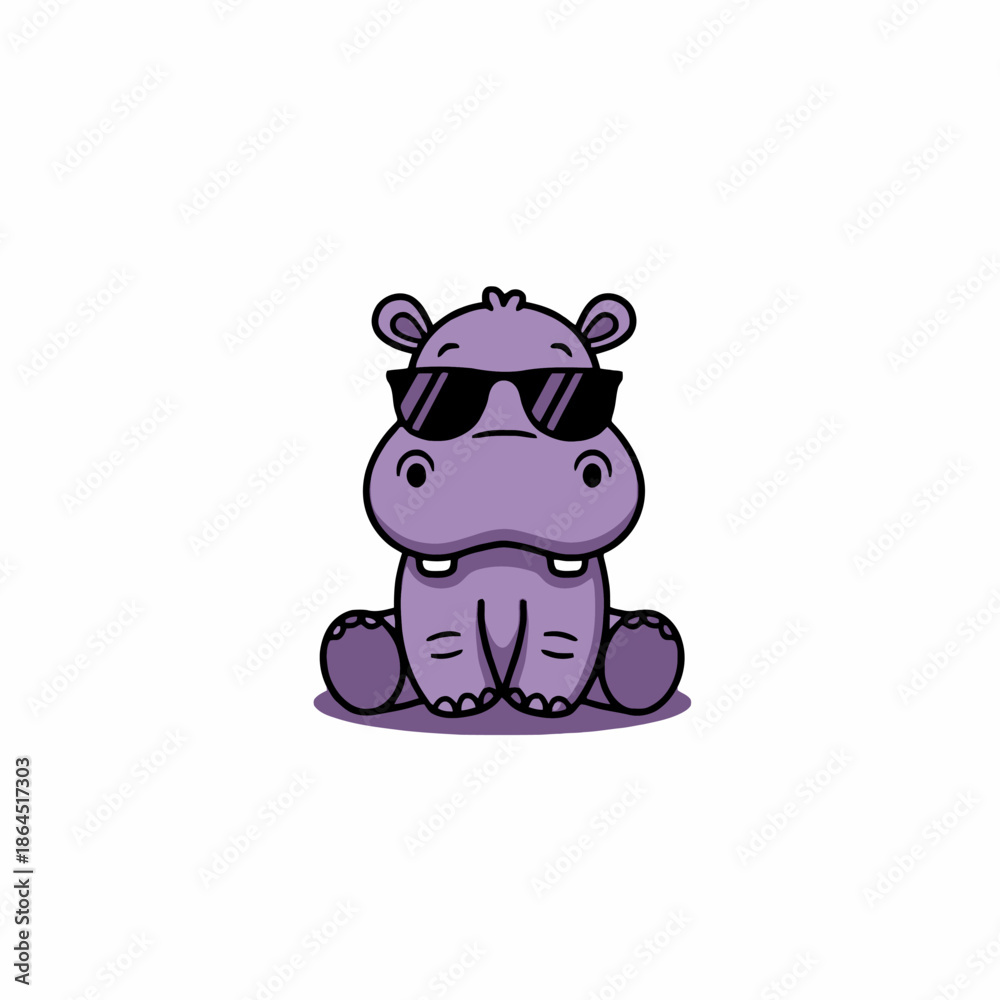 Fototapeta premium Cute Cartoon Hippo Wearing Sunglasses Sitting Down.