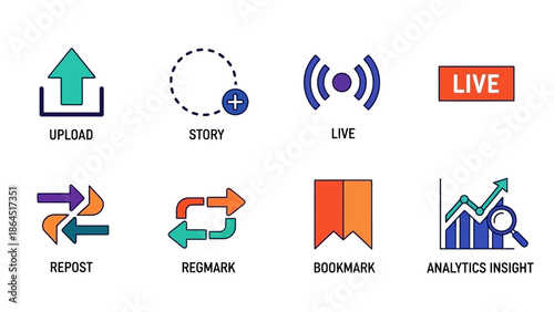 Vibrant digital interface icon collection for online content management, social media activities, and performance analytics features