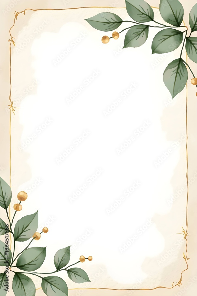 Obraz premium AI Generative. Watercolor Eucalyptus Leaves and Golden Berries Botanical Frame Background. 2