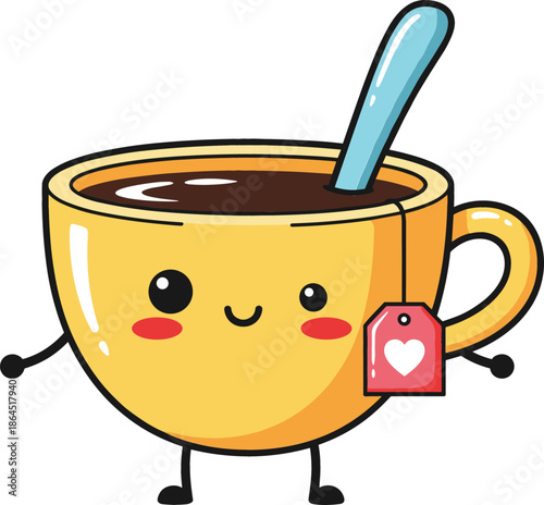 Cute kawaii yellow mug character vector illustration with smiling face tea bag and blue spoon for morning lifestyle and cafe branding