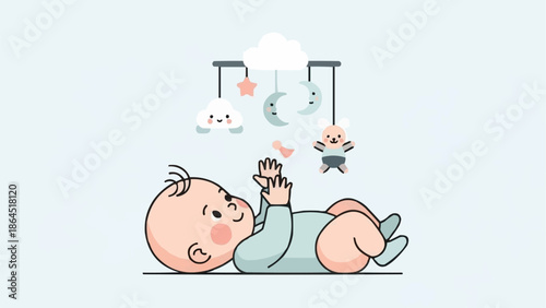 Baby lying on back looking at mobile with toys.