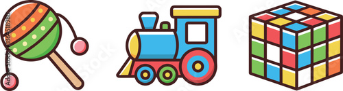 Children Toys and Early Education Games Set Featuring Maracas Shaker Steam Train Locomotive and Colorful Magic Puzzle Cube
