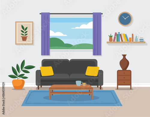 Modern Living Room Interior Illustration Featuring Dark Grey Sofa With Yellow Pillows Blue Rug Coffee Table And Large Window ViewModern Living Room Interior Illustration 