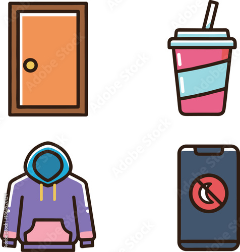 Daily life objects and lifestyle symbols featuring a wooden door soda cup with straw purple hoodie and mobile phone with night mode icon