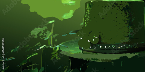 A shadowy illustration of a green top hat and blurred foliage