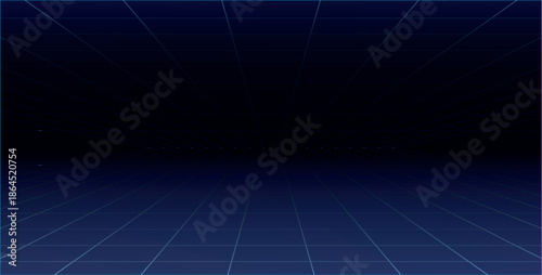 Dark blue grid tunnel with thin white lines vanishing into blackness and futuristic digital