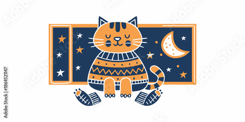 A charming illustration of a cat gazing at a starry night sky