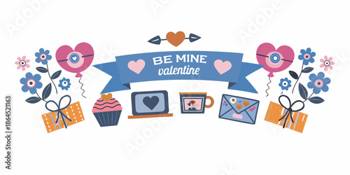 Valentine s day illustration showcasing hearts gifts and a be mine message