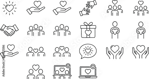 Charity and donation line icon set featuring hearts, helping hands, community support, nonprofit volunteering, and social care symbols for web design and mobile apps