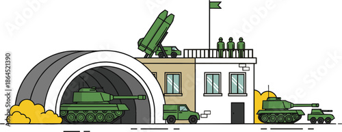 Modern military base vector illustration featuring tanks missile launcher system hangar and soldiers at army defense outpost