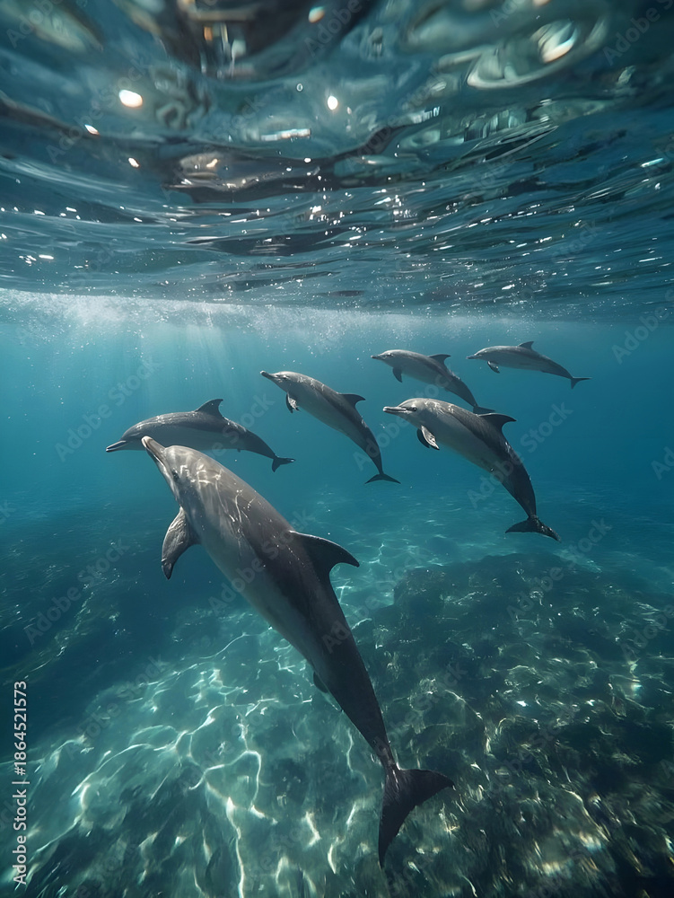 Naklejka premium Bottlenose Dolphins Swimming Towards Surface in Sunlit Water