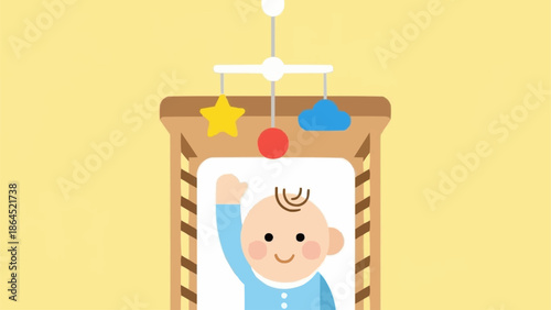 Baby in Crib with Mobile Toy Illustration.
