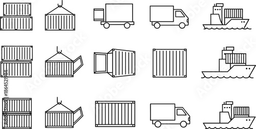Comprehensive logistics and shipping icon set featuring freight containers cargo trucks industrial ships and crane transportation symbols