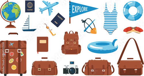 Travel and vacation vector icon set featuring vintage luggage, globe, airplane, camera, passport, and summer beach accessories