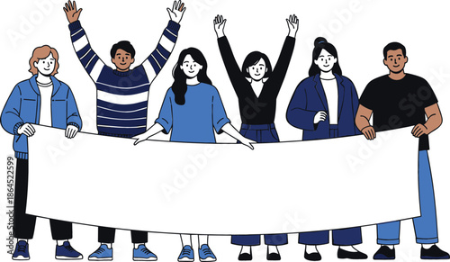 Diverse group of happy young people holding a long blank white horizontal banner for custom message advertisement