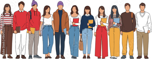 Group of diverse young students standing together in casual fashion with books for university education and college concept