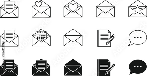 Set of professional email icons with envelopes heart symbols star ratings and chat bubbles in line art vector