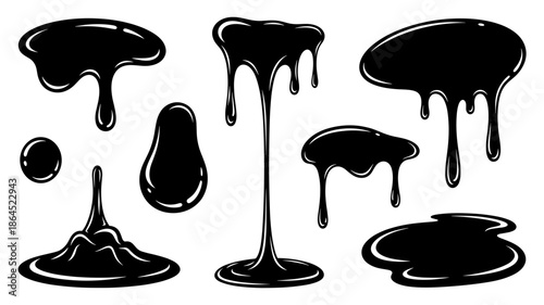 A collection of black liquid drips, splatters, and puddles, showcasing various viscous fluid shapes and textures for graphic design.