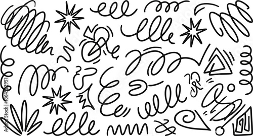 Hand drawn doodle elements in black and white.