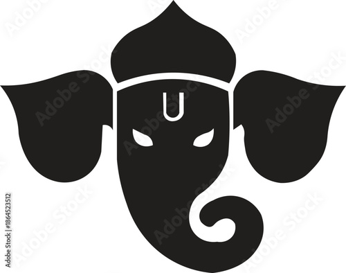 Black silhouette of Lord Ganesha's head with large ears and a curved trunk, featuring a traditional tilak mark on the forehead.