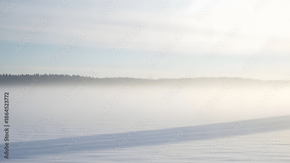 Obraz premium Foggy landscape with trees and water under a soft morning light