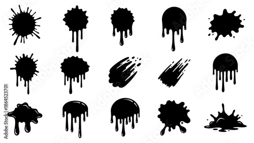 A dynamic collection of black ink splatters and dripping paint stains, ideal for graphic design and artistic backgrounds.
