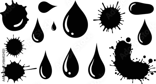 A dynamic collection of black ink splatters and liquid drops, showcasing various shapes and sizes on a clean white background.